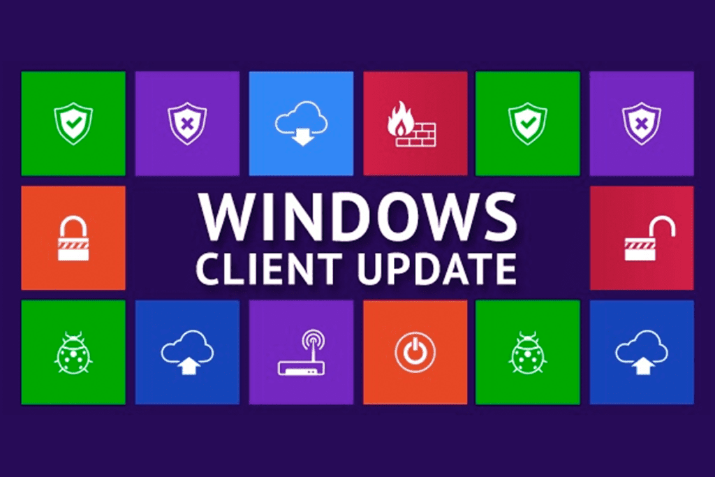 The text 'Windows Client Update' is surrounded by Windows 10 application icons