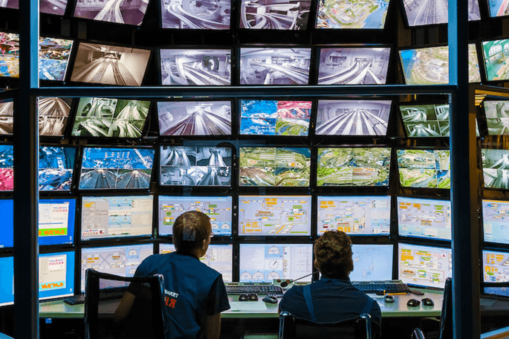 Two men monitor dozens of surveillance screens