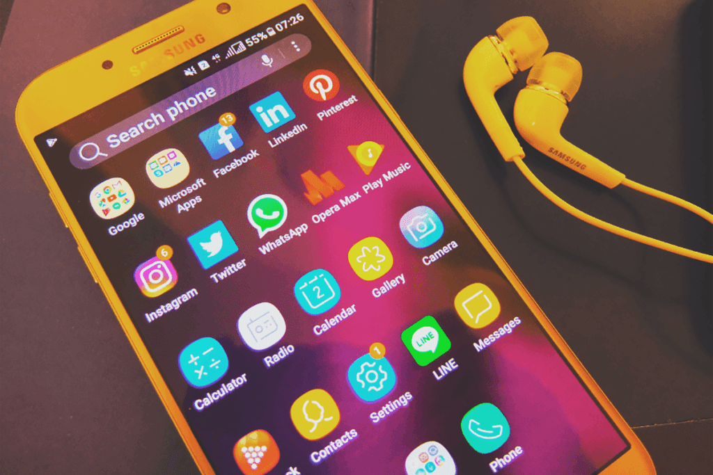 A Samsung phone on its home screen displays its apps