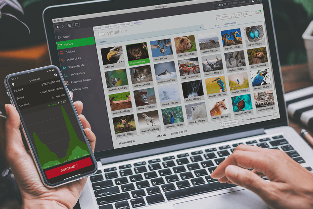 A person holds a phone with silverbackvpn enabled while searching through laptop photos via SugarSync