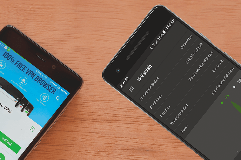 Two phones lay on a wooden table, one with a free VPN and the other with silverbackvpn