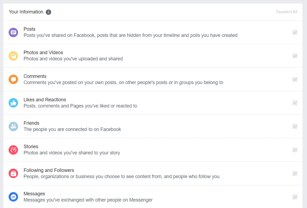A screenshot from Facebook profile settings details the information categories that can be downloaded from for anonymous internet