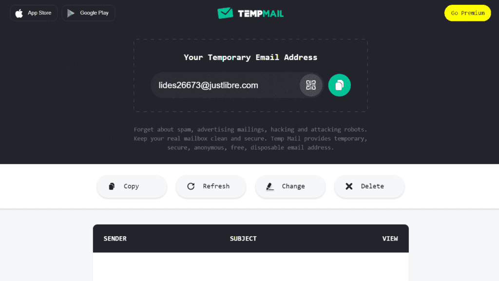 A screenshot from tempmail displays a temporary email address