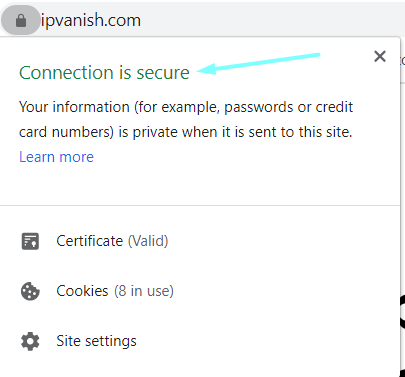 A blue arrow points to a 'Connection is secure' certification that appears after a padlock in the search bar is selected