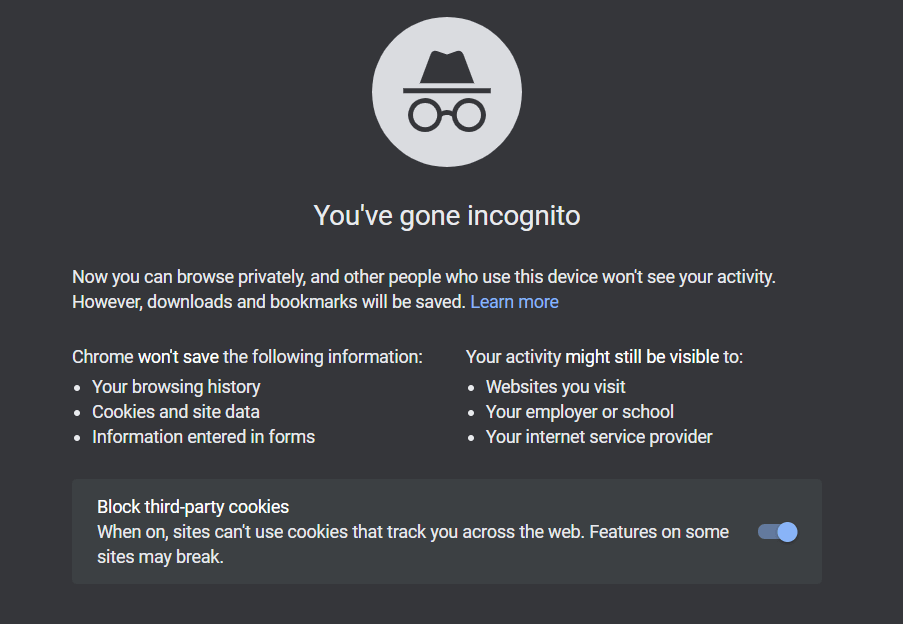A screenshot of Google Chrome's Incognito browser warning lists the items it does and does not record. Is Incognito Private? Not really.