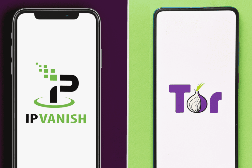 An iPhone with theSilverBackVPNlogo sits on a purple background compared to an Android with the Tor logo resting on a green background