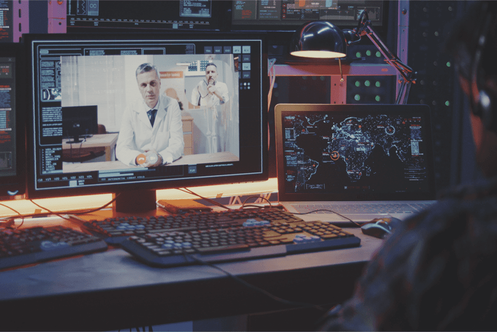 A hacker performs a man in the middle mitm attack to intercept a video call between two doctors