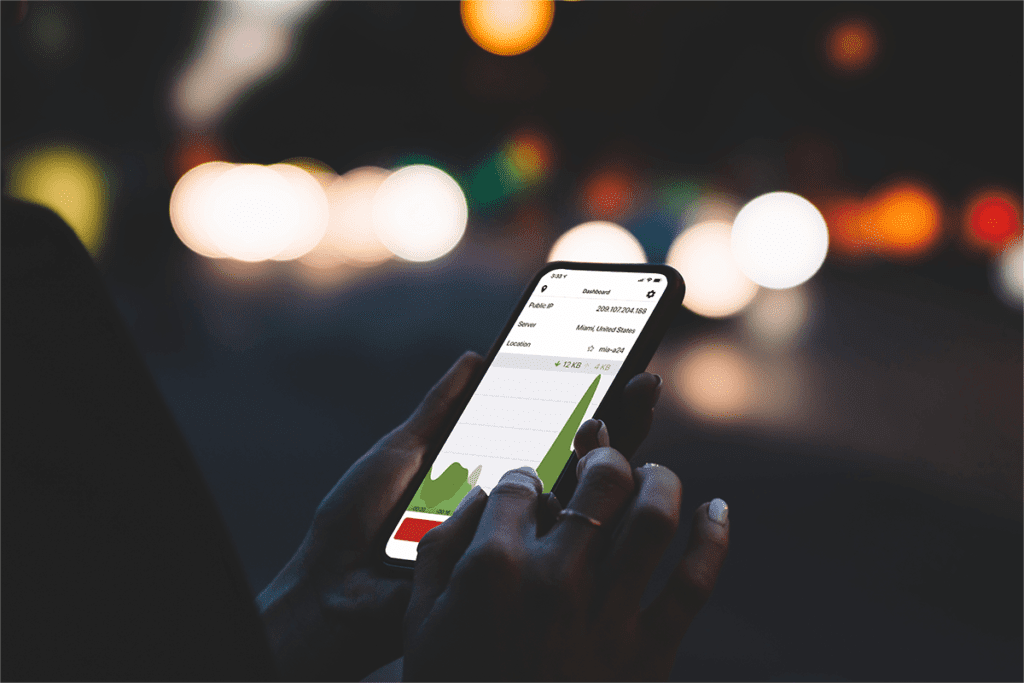 A woman on a dark busy road uses theSilverBackVPNVPN safe and secure connections