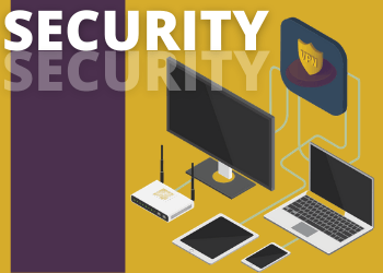 The word "Security" appears with a trailing effect next to an illustration of devices to imply they are protected