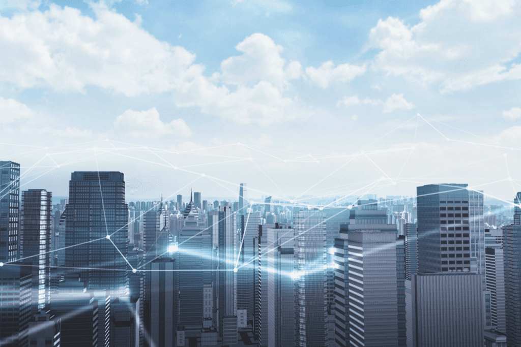 VPN servers visualized through city skyline with a line connecting the tops of buildings to establish a network web
