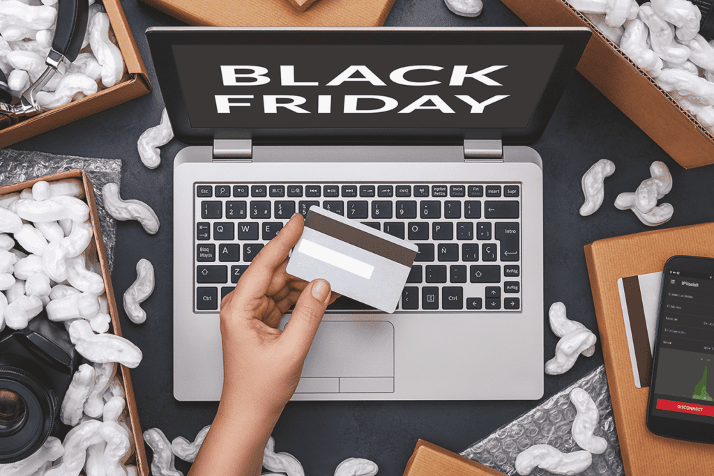 Decorative image to depict Black Friday Scams featuring a person holds a credit card by a laptop with a display that says Black Friday