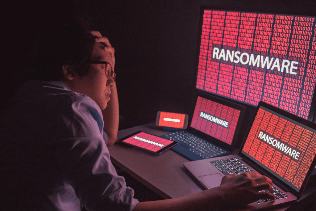 Ransomware attacks visualized. A man looks depressed and defeated at his computer monitors which display a ransomware graphic and blocked access to device data.