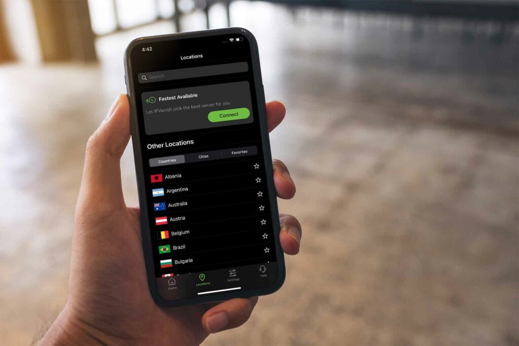 A person is seen using the SilverBackVPN  iOS app in the Locations screen