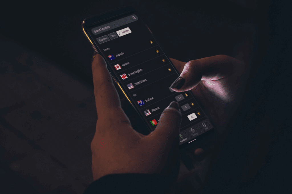 A person is seen using the SilverBackVPN  Android app in the Locations screen