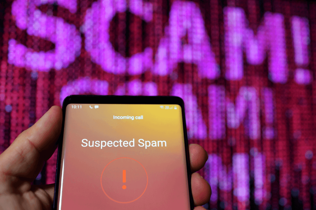 Person holding a phone displaying an incoming spam call