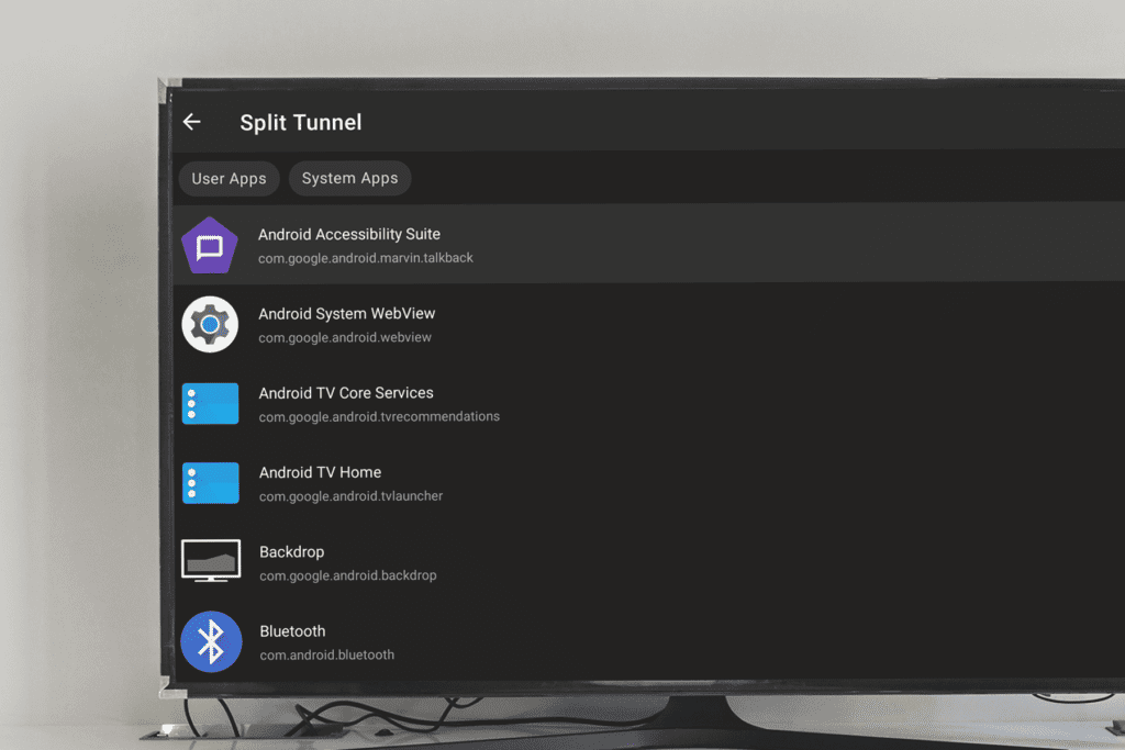 A TV displays the selection menu for split tunneling in theSilverBackVPNapp for Android TV