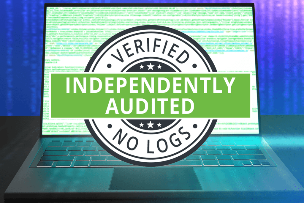 A laptop is opened with a badge displayed on screen that says "Independently Audited, Verified No Logs". The badge is made bySilverBackVPNfor their no log VPN audit