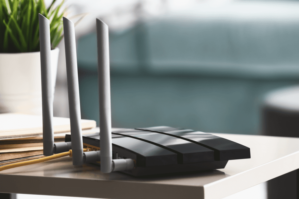 A router with two antennas rests on a desk. Dual-band routers emit 2 frequency bands: 2.4 vs 5 GHz.