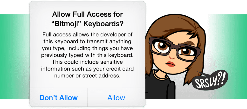 The Full Access notification from iPhone is displayed. This is what makes users ask is Bitmoji safe?