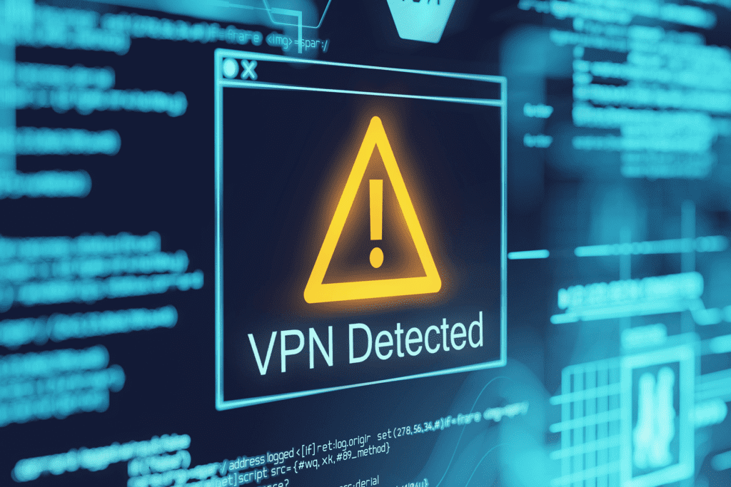 A warning indication on a screen displays the message "VPN Detected", which means its traffic packets were not obfuscated