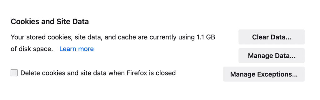 Firefox Cookies and Site Data