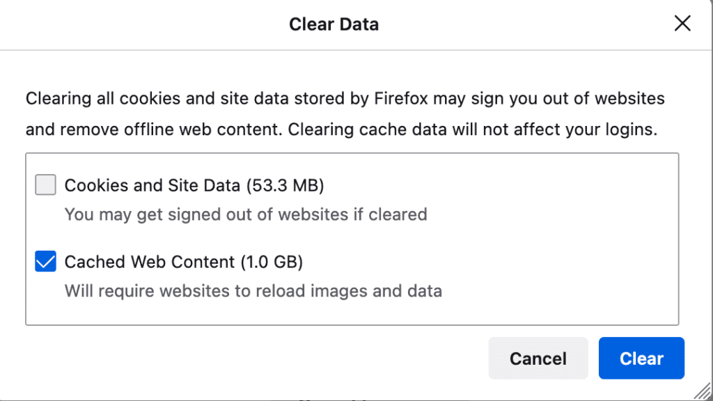 Firefox Clear Cached Web Content