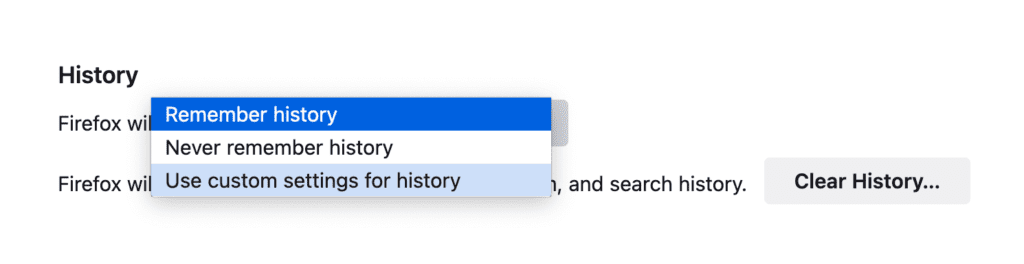 Firefox Use custom settings for history