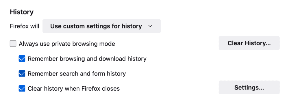 Firefox Use custom settings for history Settings