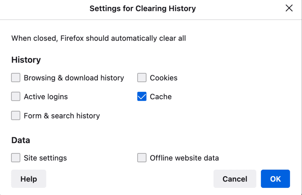 Firefox Settings for Clearing History