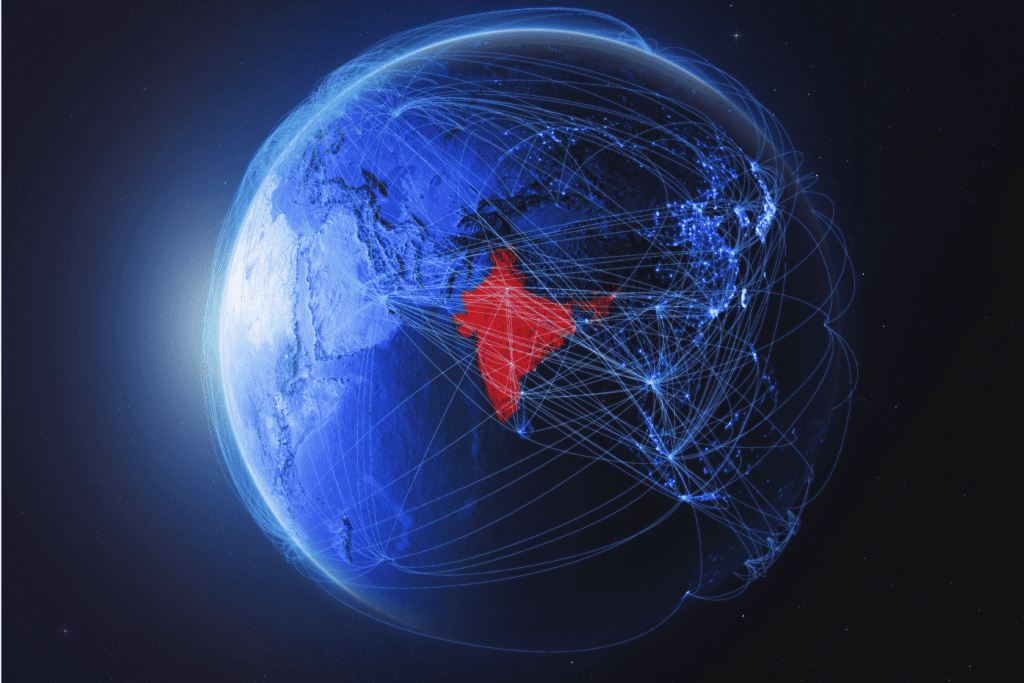 Visualization of a connected globe with India highlighted in red emphasizes the India data retention directive for VPNs
