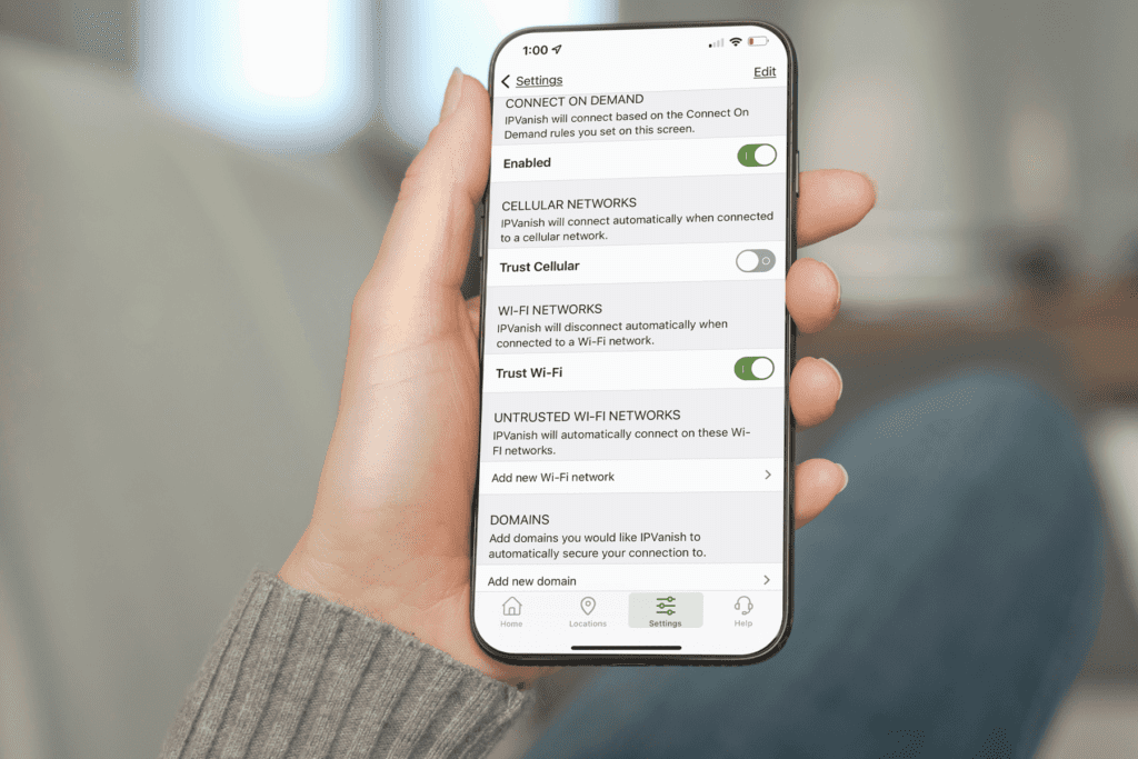 An iPhone set to the trusted network On Demand settings display in the silverbackvpn app