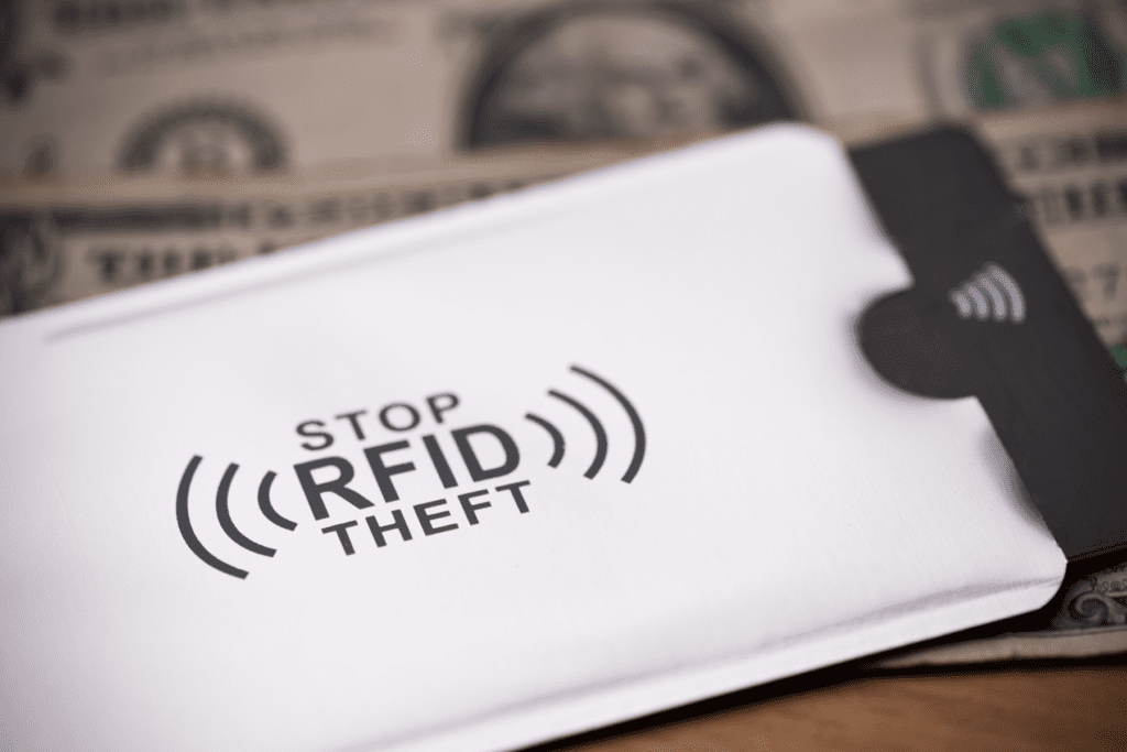 A white RFID blocking sleeve to prevent theft holds a card resting on money