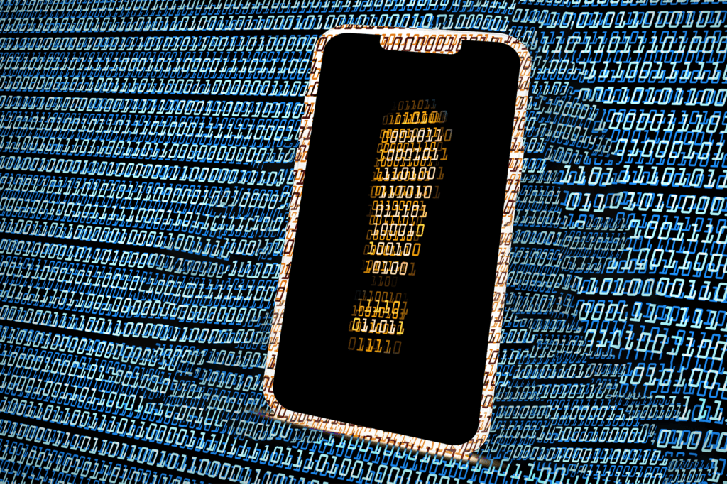 An illustration of a digital iPhone in binary with a warning visualizies the data warning due to the ongoing iOS VPN leaks of tunneled traffic