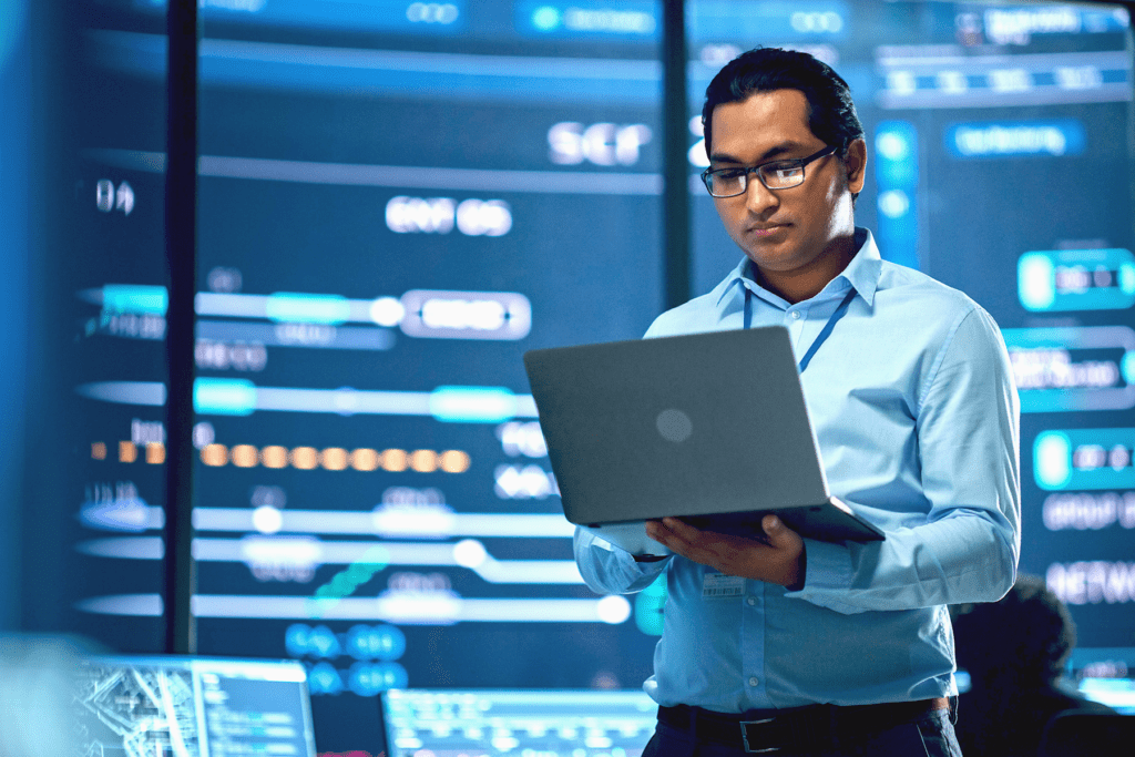 An ISP operator uses his computer to inspect internet traffic in a visualization depicting just what does my ISP see when I use a VPN