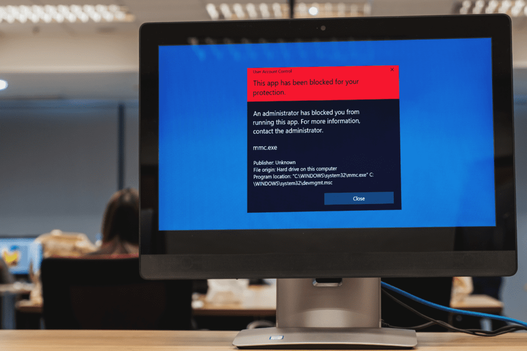A Windows desktop computer displays a red warning notice that says "This app has been blocked for your protection"