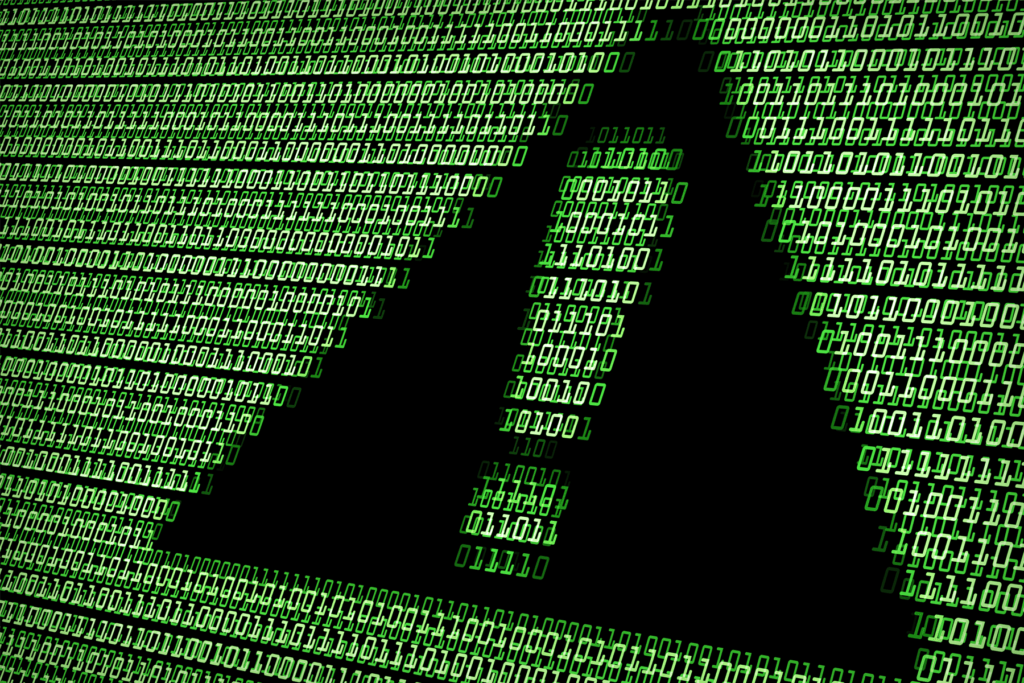 A graphic composed of digital 1s and 0s forms the shape of a warning notice -- a triange with an exclamation point -- to indicate an alert worth knowing, this is to visualize an Android VPN leak and is purely decorative
