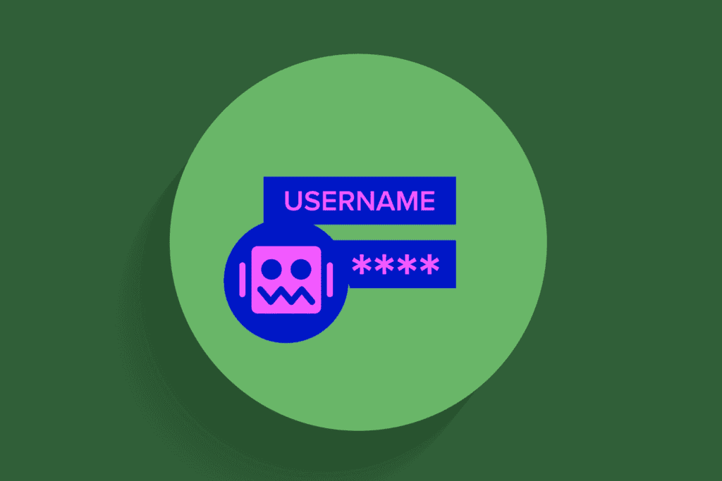 An illustration shows a bot attempting to figure out a username and password in an attack called credential stuffing