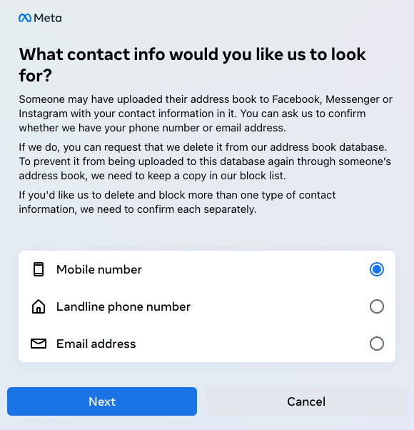 A screenshot of the first page of the Facebook phone number removal tool