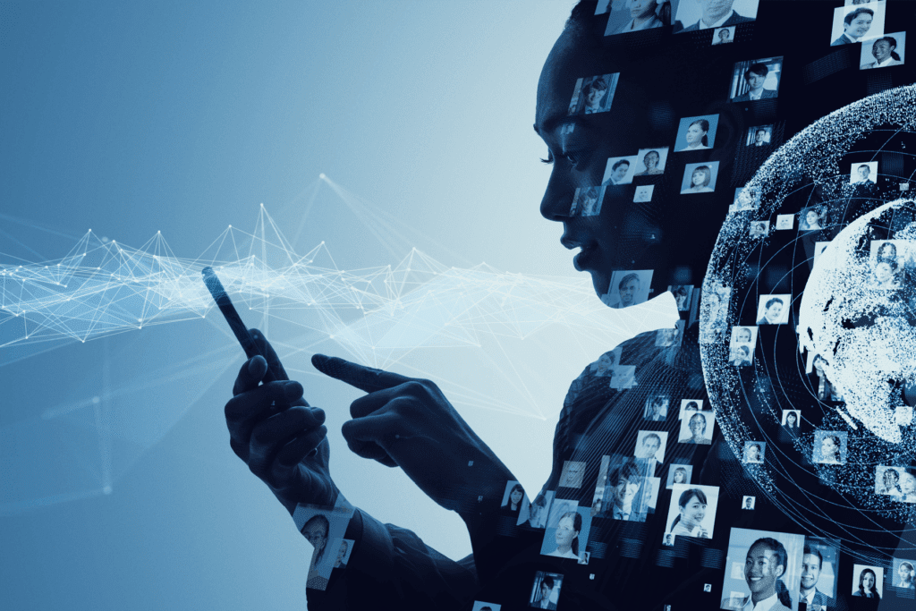 The silhouette of a woman holding a phone as a visualization of her contacts surround her. The decorative image is art to articulate the Facebok phone number tool to remove contact information from the platform.