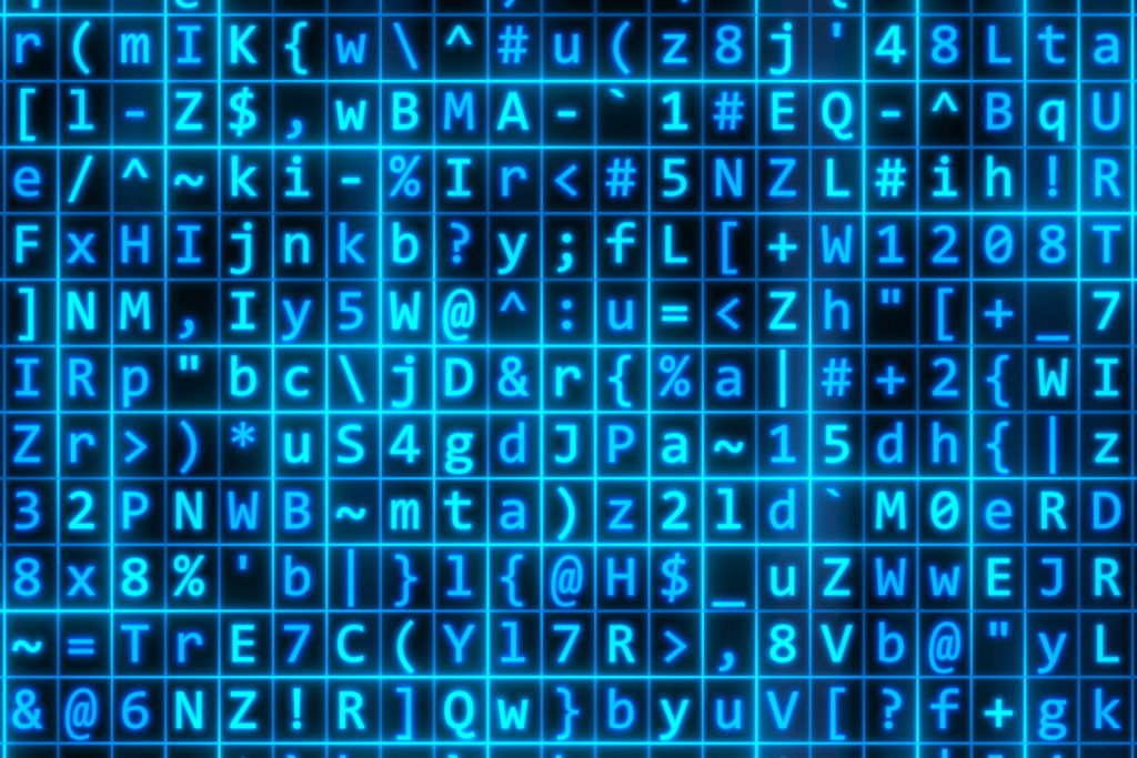 A series of random characters (letters, numbers, and symbols) in blue represent cryptography and encoding plaintext and ciphertext