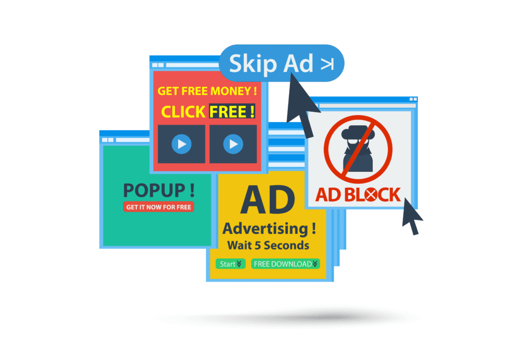 An illustration of grouped advertisements simulating the effects of popup adware