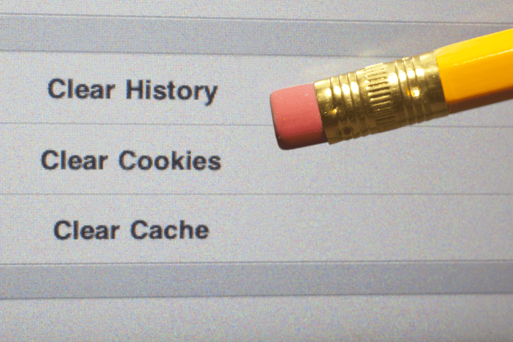 A pencil eraser pointing to the option to delete first party and third party cookies on an iPhone.