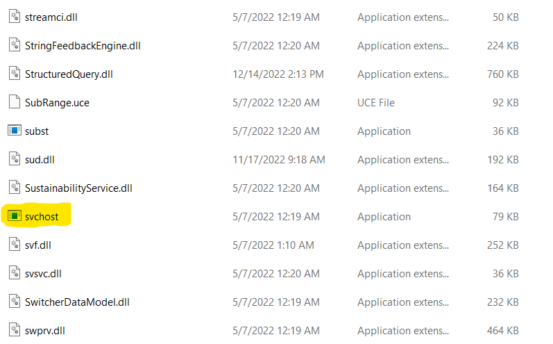 The Svchost client as seen from within Windows files