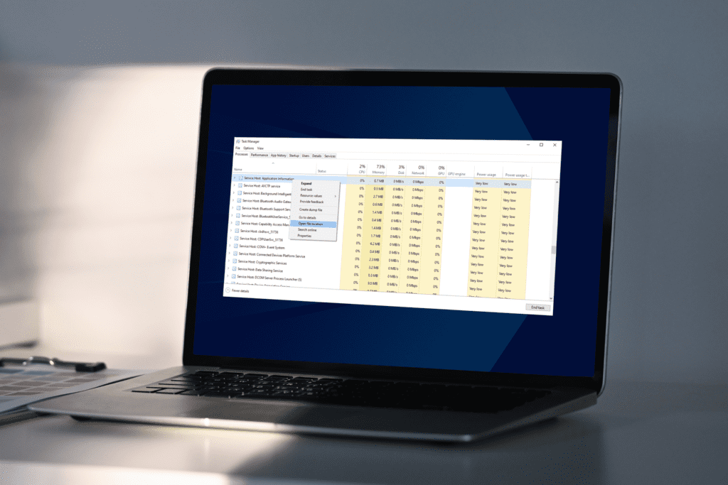 Svchost is seen operating from within the Windows task manager app on a laptop