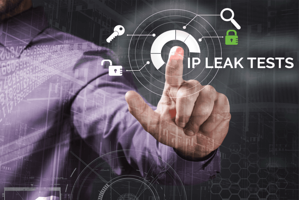 Visualization of a man pressing a digital button surrounded by a key, locks, an a magnifying glass to initiate IP leak tests