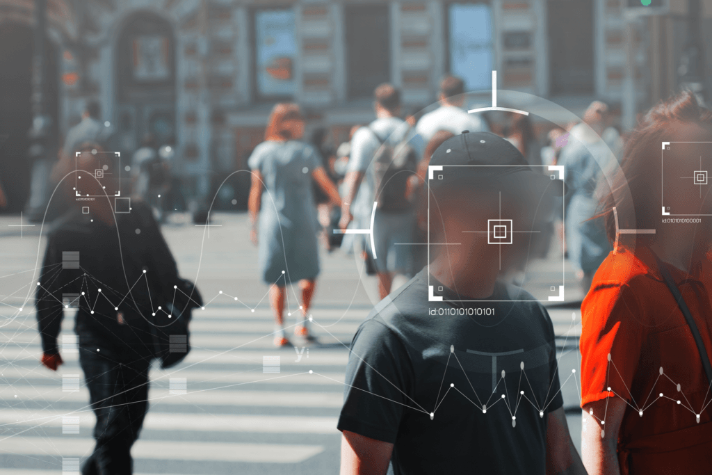 A surveillance camera captures CCTV feed, with data visualizations associated with the people captured by surveillance. This practice is often defended by to motto if you have nothing to hide, you have nothing to fear.