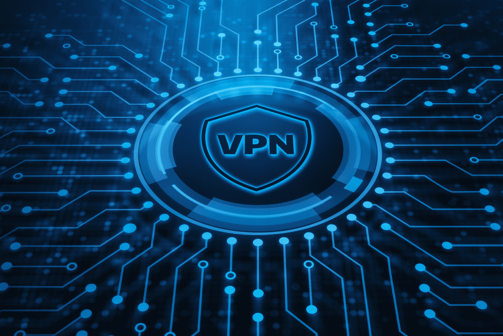 A digital visualization of VPN meaning with a shield and surrounded wiring