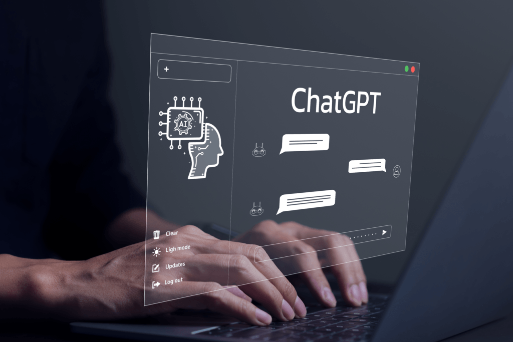 A person is seen typing and a visualized screen for ChatGPT appears with an AI icon in a chat window to demonstrate what is chatgpt