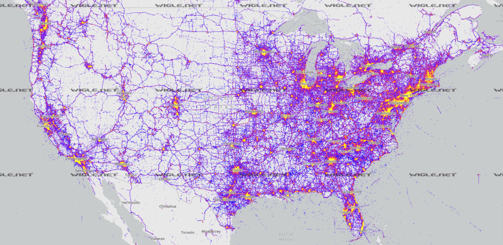A map of all the unsecured networks across mainland USA, an example of a wardriving tool