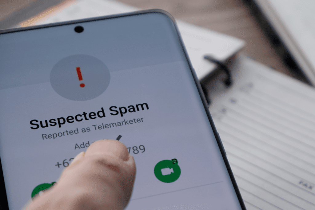 Image of a person holding a phone displaying a Scam Likely label.